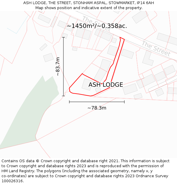 ASH LODGE, THE STREET, STONHAM ASPAL, STOWMARKET, IP14 6AH: Plot and title map