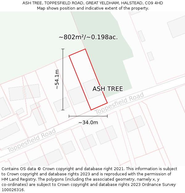 ASH TREE, TOPPESFIELD ROAD, GREAT YELDHAM, HALSTEAD, CO9 4HD: Plot and title map