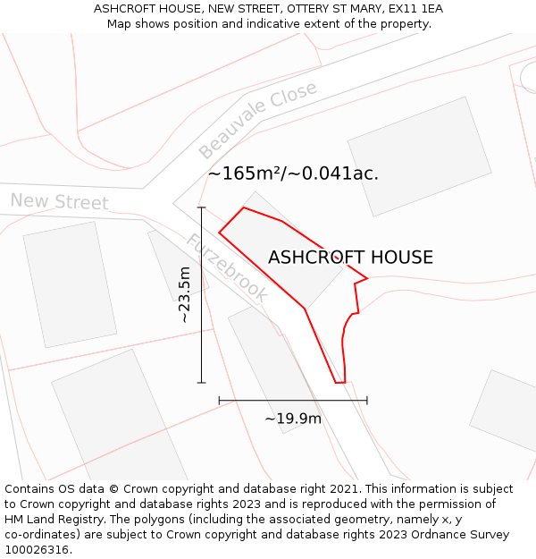 ASHCROFT HOUSE, NEW STREET, OTTERY ST MARY, EX11 1EA: Plot and title map