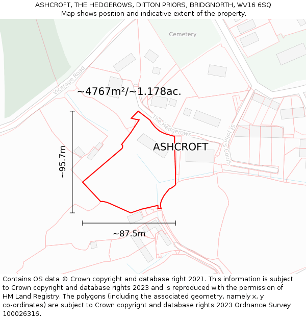 ASHCROFT, THE HEDGEROWS, DITTON PRIORS, BRIDGNORTH, WV16 6SQ: Plot and title map