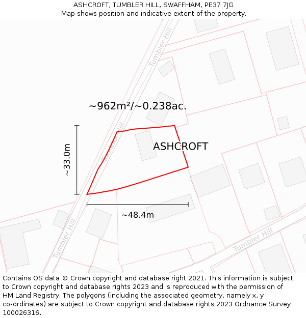 ASHCROFT, TUMBLER HILL, SWAFFHAM, PE37 7JG: Plot and title map