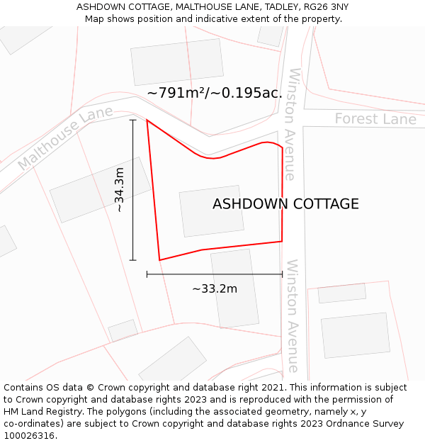 ASHDOWN COTTAGE, MALTHOUSE LANE, TADLEY, RG26 3NY: Plot and title map