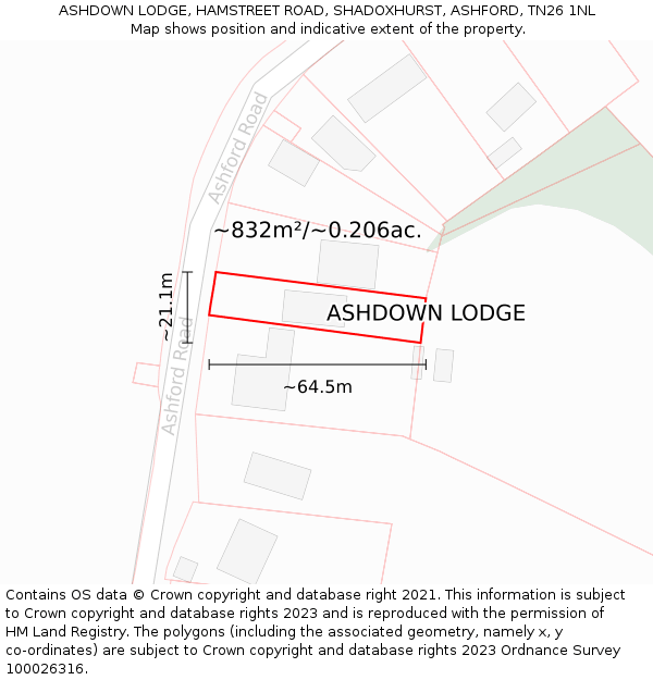 ASHDOWN LODGE, HAMSTREET ROAD, SHADOXHURST, ASHFORD, TN26 1NL: Plot and title map