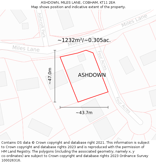ASHDOWN, MILES LANE, COBHAM, KT11 2EA: Plot and title map