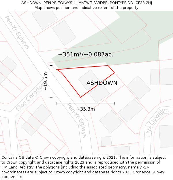 ASHDOWN, PEN YR EGLWYS, LLANTWIT FARDRE, PONTYPRIDD, CF38 2HJ: Plot and title map