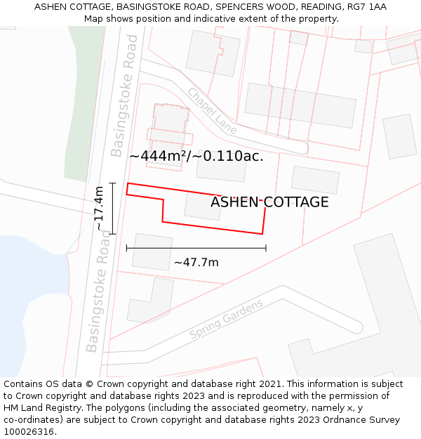 ASHEN COTTAGE, BASINGSTOKE ROAD, SPENCERS WOOD, READING, RG7 1AA: Plot and title map