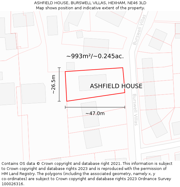 ASHFIELD HOUSE, BURSWELL VILLAS, HEXHAM, NE46 3LD: Plot and title map