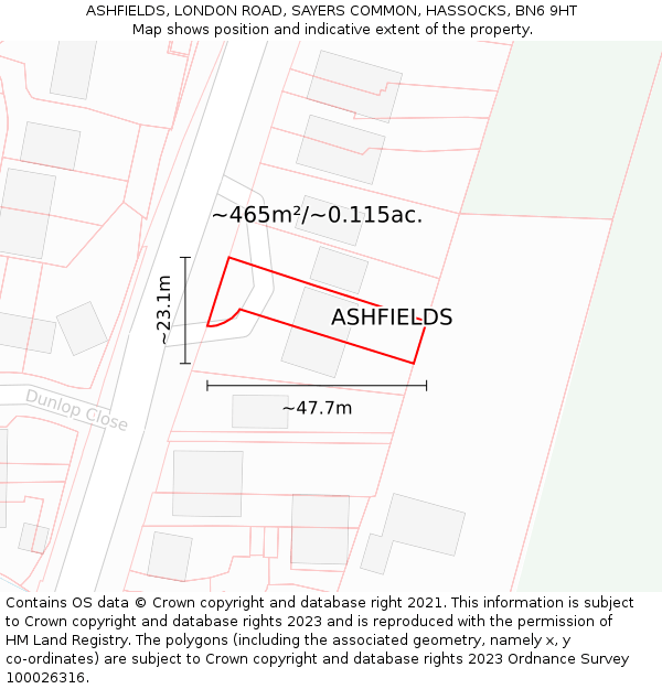 ASHFIELDS, LONDON ROAD, SAYERS COMMON, HASSOCKS, BN6 9HT: Plot and title map