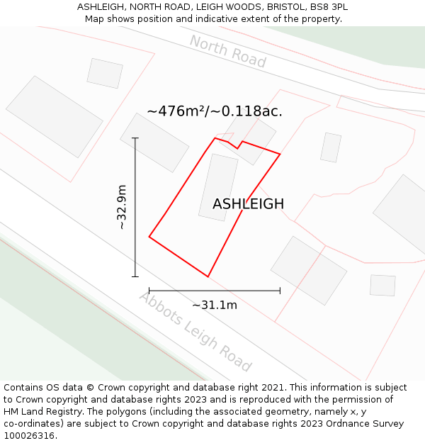 ASHLEIGH, NORTH ROAD, LEIGH WOODS, BRISTOL, BS8 3PL: Plot and title map