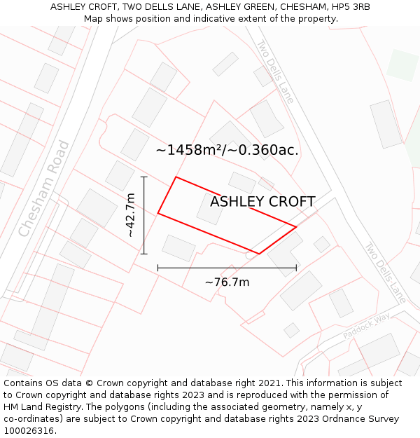 ASHLEY CROFT, TWO DELLS LANE, ASHLEY GREEN, CHESHAM, HP5 3RB: Plot and title map