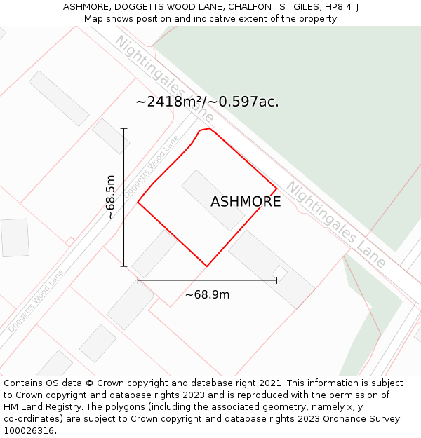 ASHMORE, DOGGETTS WOOD LANE, CHALFONT ST GILES, HP8 4TJ: Plot and title map