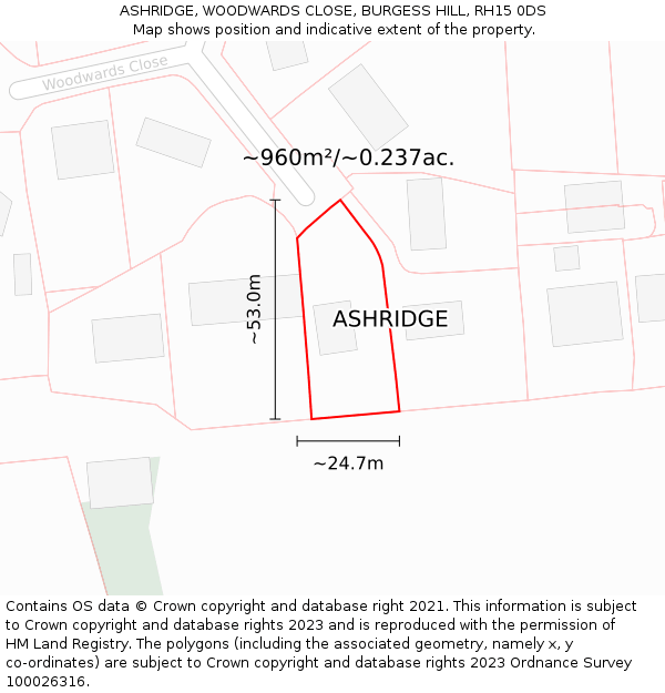 ASHRIDGE, WOODWARDS CLOSE, BURGESS HILL, RH15 0DS: Plot and title map