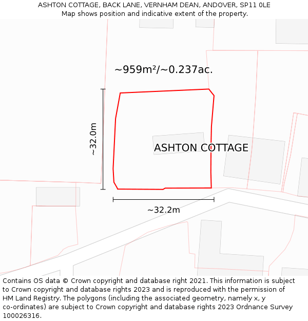 ASHTON COTTAGE, BACK LANE, VERNHAM DEAN, ANDOVER, SP11 0LE: Plot and title map