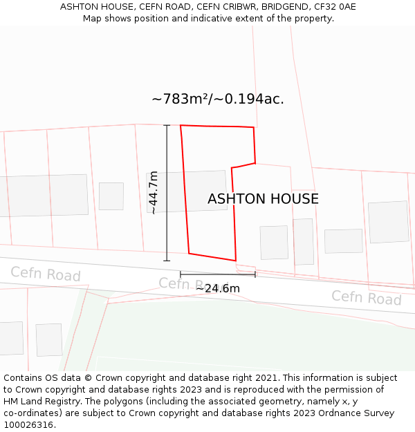 ASHTON HOUSE, CEFN ROAD, CEFN CRIBWR, BRIDGEND, CF32 0AE: Plot and title map