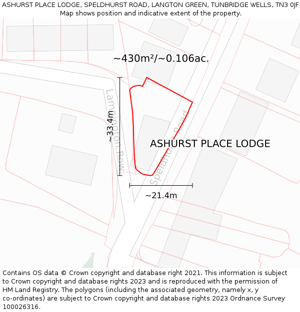 ASHURST PLACE LODGE, SPELDHURST ROAD, LANGTON GREEN, TUNBRIDGE WELLS, TN3 0JF: Plot and title map