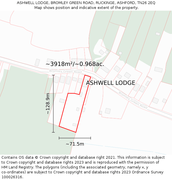 ASHWELL LODGE, BROMLEY GREEN ROAD, RUCKINGE, ASHFORD, TN26 2EQ: Plot and title map