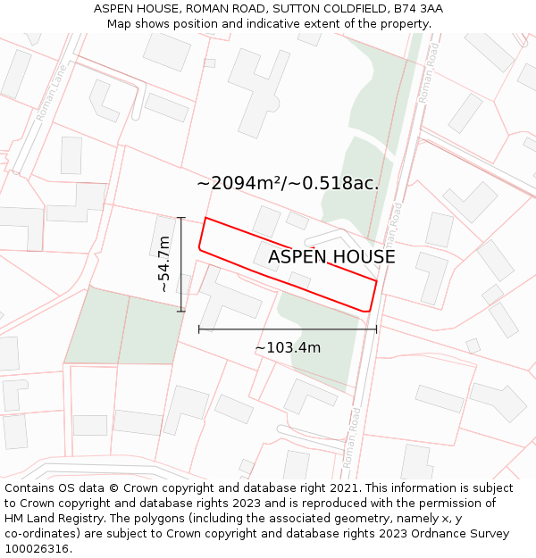 ASPEN HOUSE, ROMAN ROAD, SUTTON COLDFIELD, B74 3AA: Plot and title map