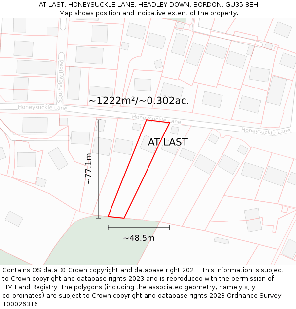 AT LAST, HONEYSUCKLE LANE, HEADLEY DOWN, BORDON, GU35 8EH: Plot and title map