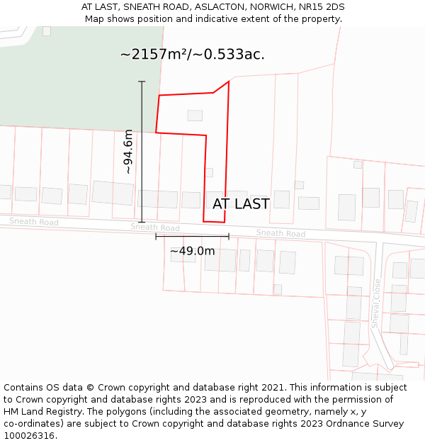 AT LAST, SNEATH ROAD, ASLACTON, NORWICH, NR15 2DS: Plot and title map