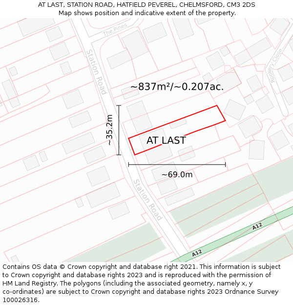 AT LAST, STATION ROAD, HATFIELD PEVEREL, CHELMSFORD, CM3 2DS: Plot and title map