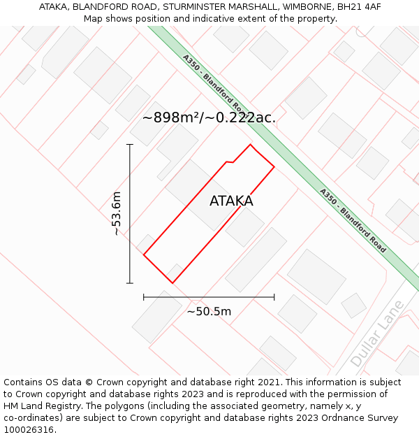 ATAKA, BLANDFORD ROAD, STURMINSTER MARSHALL, WIMBORNE, BH21 4AF: Plot and title map