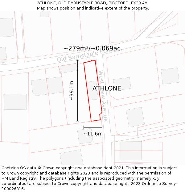 ATHLONE, OLD BARNSTAPLE ROAD, BIDEFORD, EX39 4AJ: Plot and title map