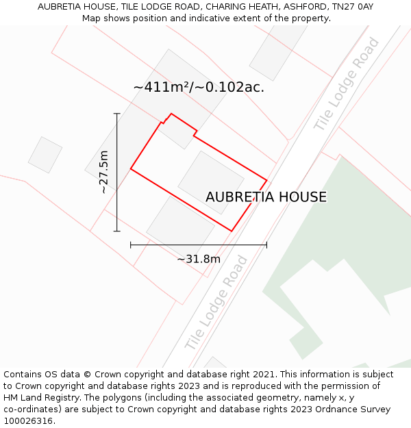 AUBRETIA HOUSE, TILE LODGE ROAD, CHARING HEATH, ASHFORD, TN27 0AY: Plot and title map