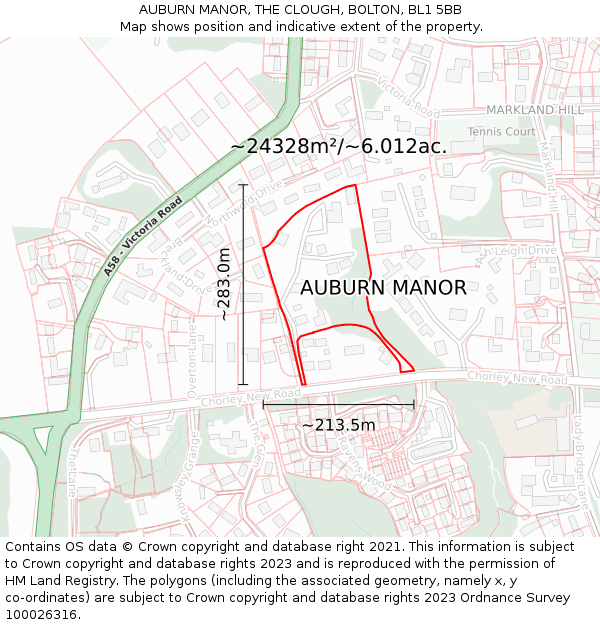 AUBURN MANOR, THE CLOUGH, BOLTON, BL1 5BB: Plot and title map