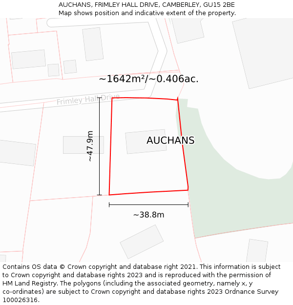 AUCHANS, FRIMLEY HALL DRIVE, CAMBERLEY, GU15 2BE: Plot and title map