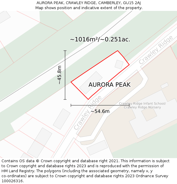 AURORA PEAK, CRAWLEY RIDGE, CAMBERLEY, GU15 2AJ: Plot and title map