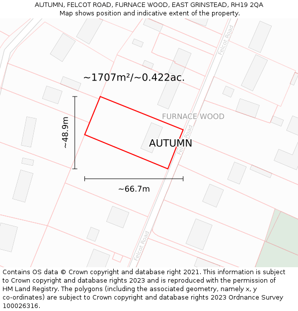 AUTUMN, FELCOT ROAD, FURNACE WOOD, EAST GRINSTEAD, RH19 2QA: Plot and title map