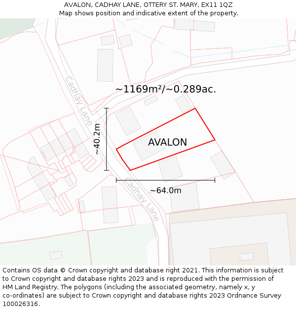 AVALON, CADHAY LANE, OTTERY ST. MARY, EX11 1QZ: Plot and title map
