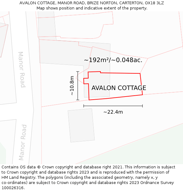 AVALON COTTAGE, MANOR ROAD, BRIZE NORTON, CARTERTON, OX18 3LZ: Plot and title map