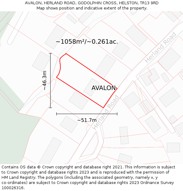 AVALON, HERLAND ROAD, GODOLPHIN CROSS, HELSTON, TR13 9RD: Plot and title map