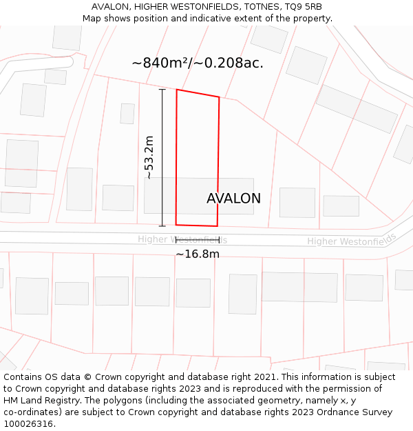 AVALON, HIGHER WESTONFIELDS, TOTNES, TQ9 5RB: Plot and title map