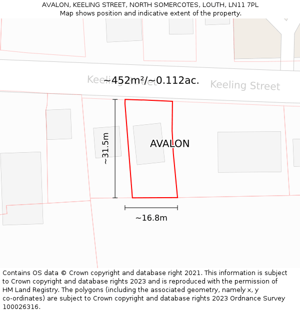 AVALON, KEELING STREET, NORTH SOMERCOTES, LOUTH, LN11 7PL: Plot and title map