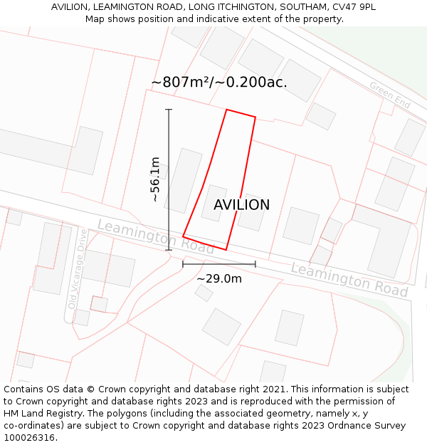 AVILION, LEAMINGTON ROAD, LONG ITCHINGTON, SOUTHAM, CV47 9PL: Plot and title map