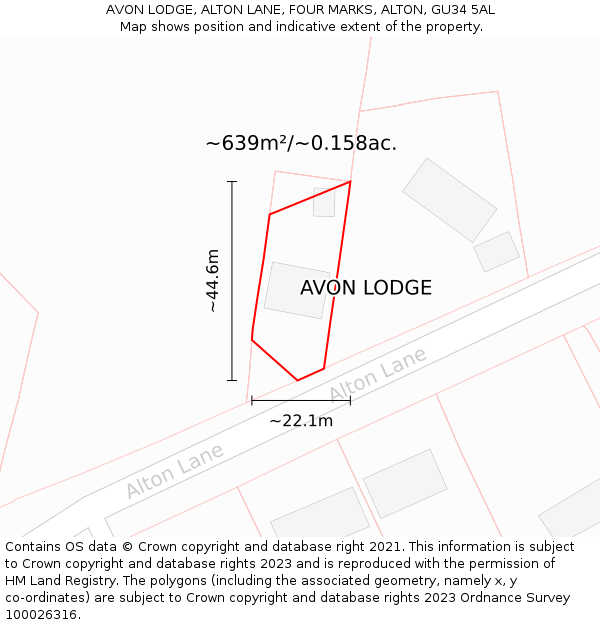 AVON LODGE, ALTON LANE, FOUR MARKS, ALTON, GU34 5AL: Plot and title map