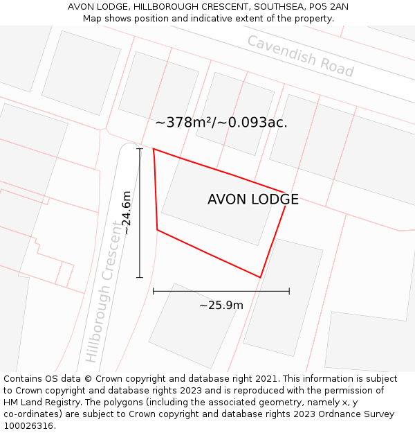 AVON LODGE, HILLBOROUGH CRESCENT, SOUTHSEA, PO5 2AN: Plot and title map