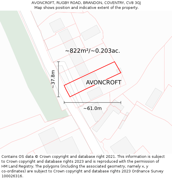 AVONCROFT, RUGBY ROAD, BRANDON, COVENTRY, CV8 3GJ: Plot and title map