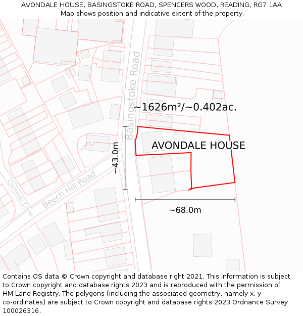 AVONDALE HOUSE, BASINGSTOKE ROAD, SPENCERS WOOD, READING, RG7 1AA: Plot and title map