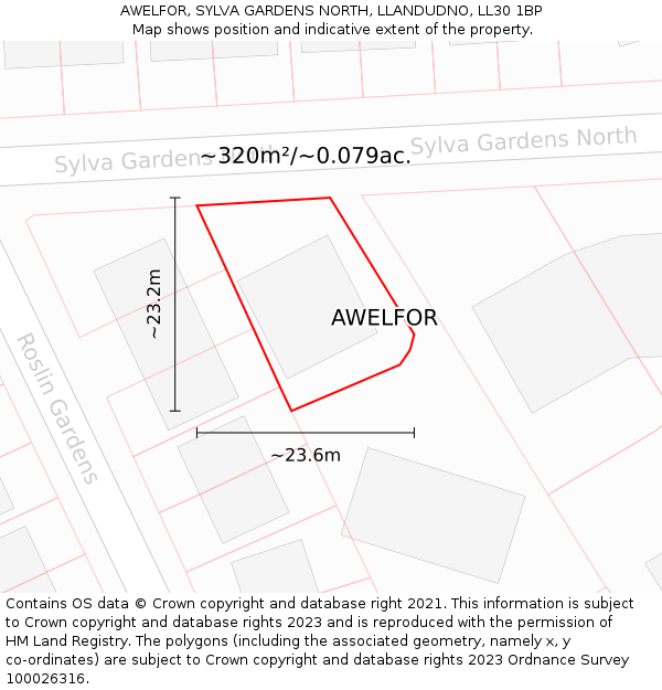 AWELFOR, SYLVA GARDENS NORTH, LLANDUDNO, LL30 1BP: Plot and title map