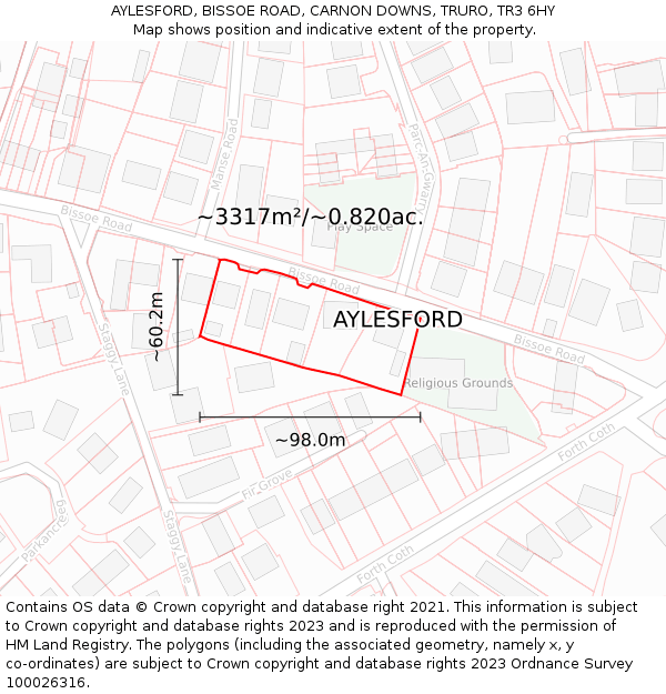 AYLESFORD, BISSOE ROAD, CARNON DOWNS, TRURO, TR3 6HY: Plot and title map