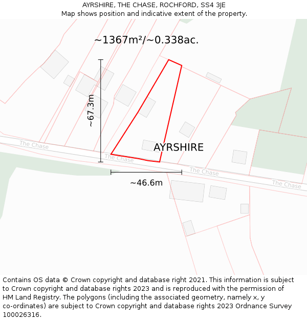 AYRSHIRE, THE CHASE, ROCHFORD, SS4 3JE: Plot and title map