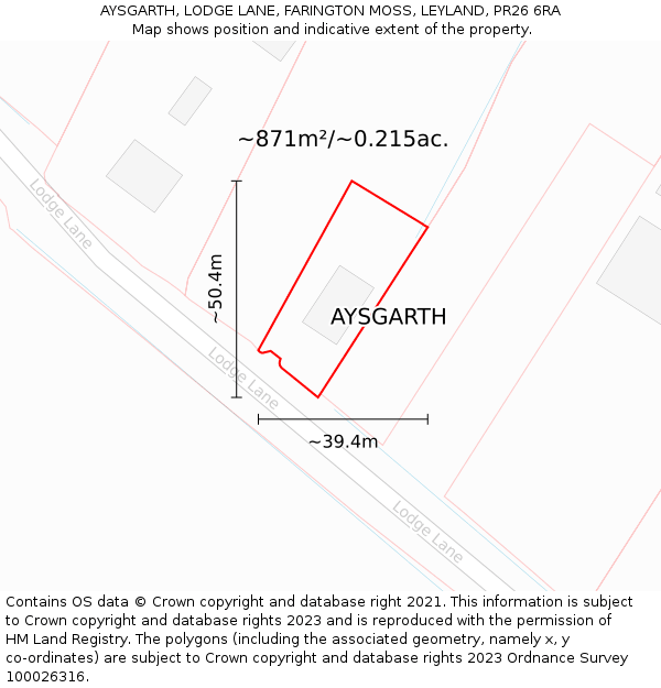 AYSGARTH, LODGE LANE, FARINGTON MOSS, LEYLAND, PR26 6RA: Plot and title map