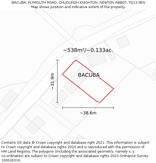 BACUBA, PLYMOUTH ROAD, CHUDLEIGH KNIGHTON, NEWTON ABBOT, TQ13 0EN: Plot and title map