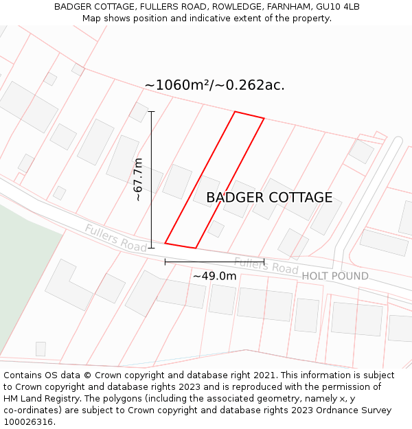 BADGER COTTAGE, FULLERS ROAD, ROWLEDGE, FARNHAM, GU10 4LB: Plot and title map