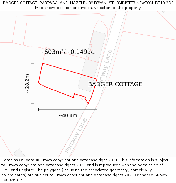 BADGER COTTAGE, PARTWAY LANE, HAZELBURY BRYAN, STURMINSTER NEWTON, DT10 2DP: Plot and title map