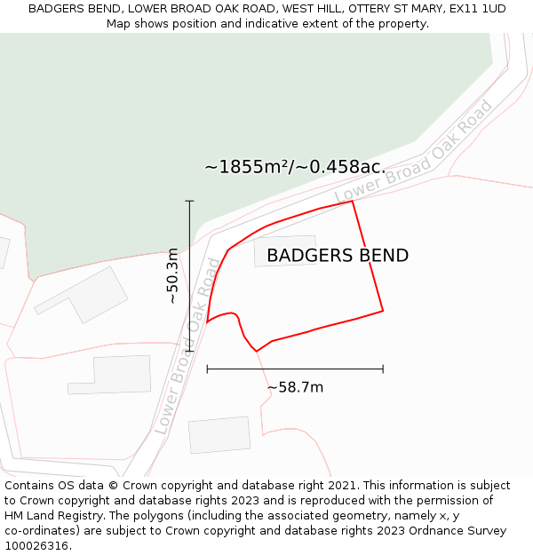 BADGERS BEND, LOWER BROAD OAK ROAD, WEST HILL, OTTERY ST MARY, EX11 1UD: Plot and title map
