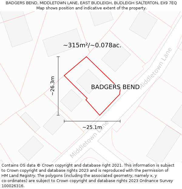 BADGERS BEND, MIDDLETOWN LANE, EAST BUDLEIGH, BUDLEIGH SALTERTON, EX9 7EQ: Plot and title map